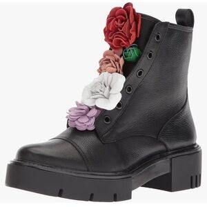 Black and Red Combat Moto Boots with Floral Accents